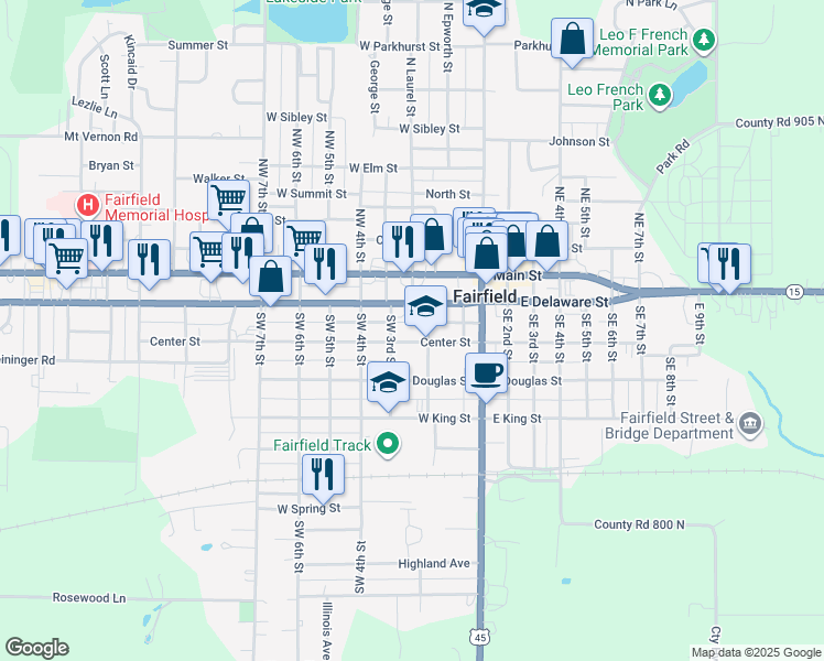 map of restaurants, bars, coffee shops, grocery stores, and more near 205 West Center Street in Fairfield