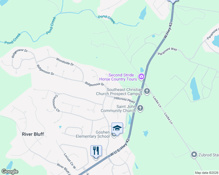 map of restaurants, bars, coffee shops, grocery stores, and more near 12619 Ridgemoor Drive in Prospect