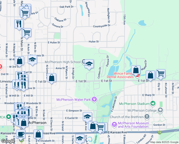 map of restaurants, bars, coffee shops, grocery stores, and more near 801 East 1st Street in McPherson