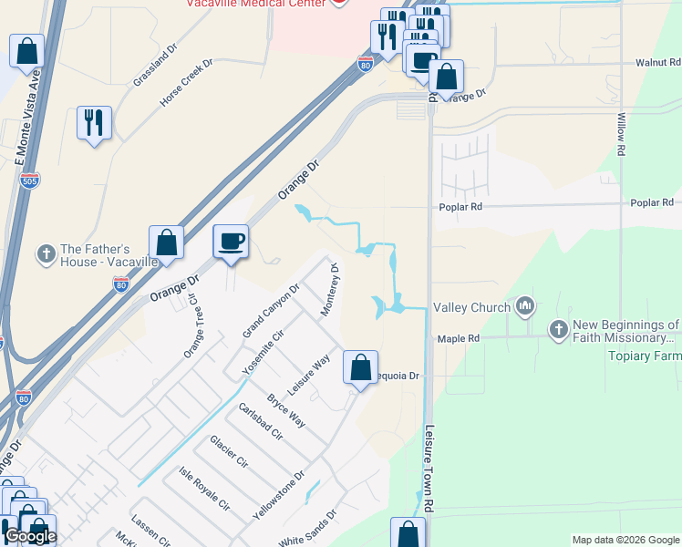 map of restaurants, bars, coffee shops, grocery stores, and more near 123 Monterey Drive in Vacaville