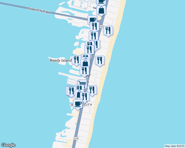 map of restaurants, bars, coffee shops, grocery stores, and more near 301 53rd Street in Ocean City