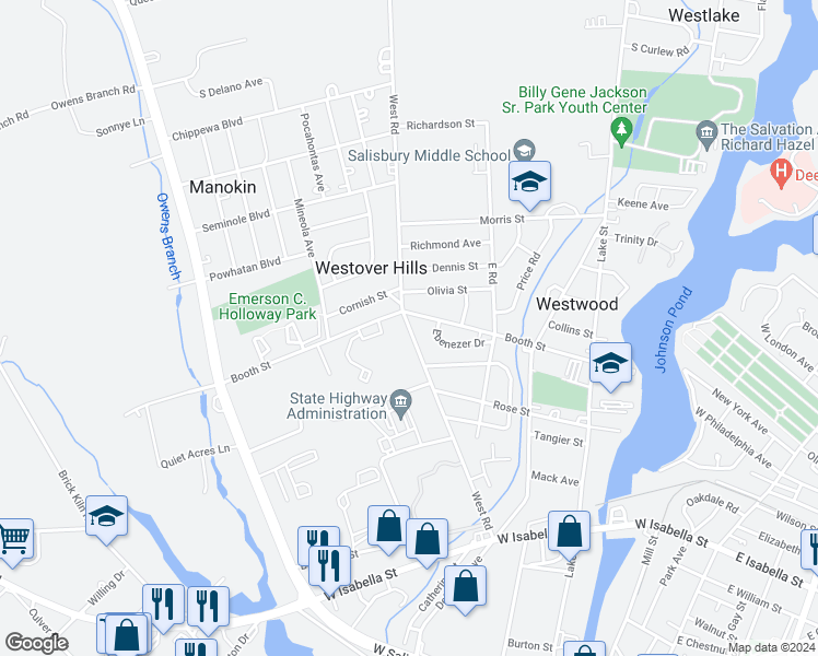 map of restaurants, bars, coffee shops, grocery stores, and more near 751 West Road in Salisbury
