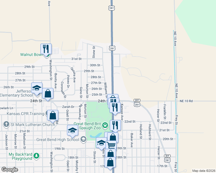 map of restaurants, bars, coffee shops, grocery stores, and more near 2504 Williams Street in Great Bend