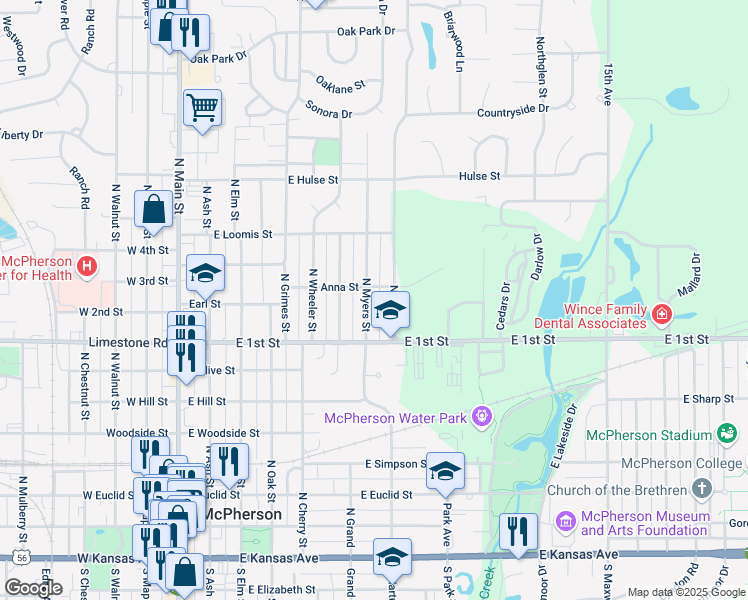 map of restaurants, bars, coffee shops, grocery stores, and more near 821 North Myers Street in McPherson