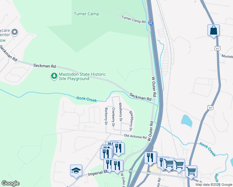 map of restaurants, bars, coffee shops, grocery stores, and more near 5806 Mayberry Drive in Imperial