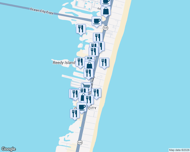 map of restaurants, bars, coffee shops, grocery stores, and more near 5300 Coastal Highway in Ocean City