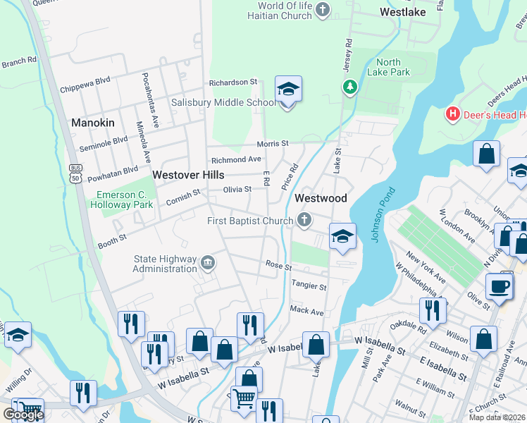 map of restaurants, bars, coffee shops, grocery stores, and more near 704 Ebenezer Drive in Salisbury