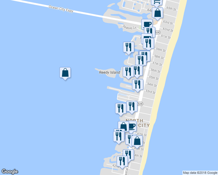 map of restaurants, bars, coffee shops, grocery stores, and more near 222 52nd Street in Ocean City