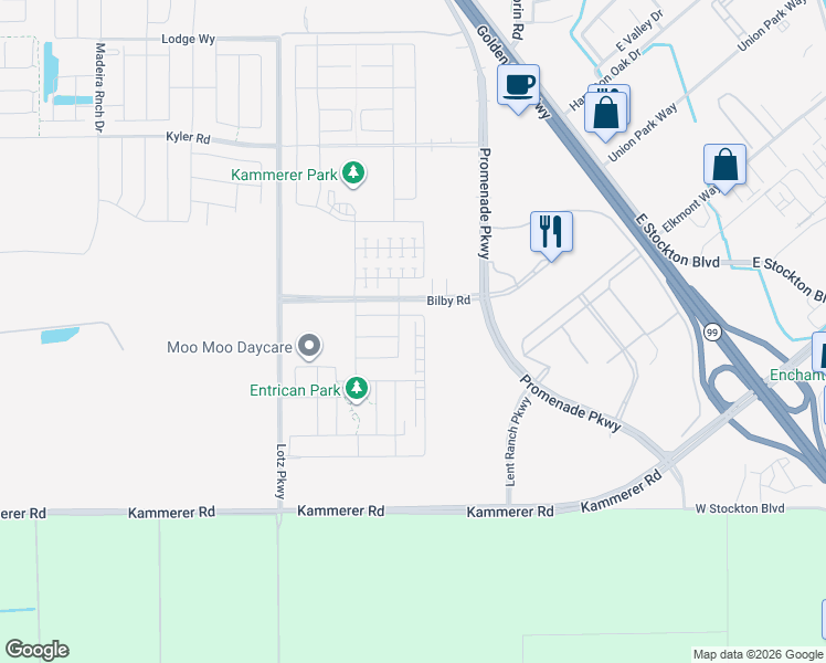 map of restaurants, bars, coffee shops, grocery stores, and more near 8842 Aria Way in Elk Grove
