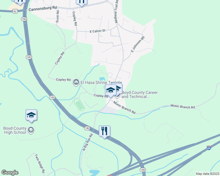 map of restaurants, bars, coffee shops, grocery stores, and more near 12219 Midland Trail Road in Ashland