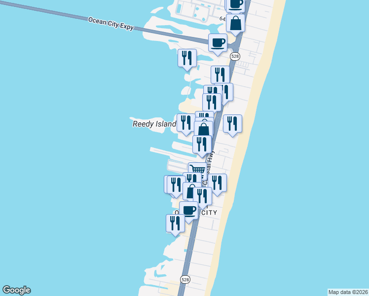 map of restaurants, bars, coffee shops, grocery stores, and more near 106 52nd Street in Ocean City