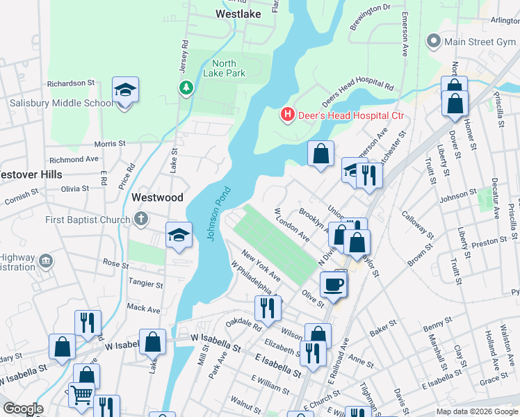 map of restaurants, bars, coffee shops, grocery stores, and more near 310 West London Avenue in Salisbury