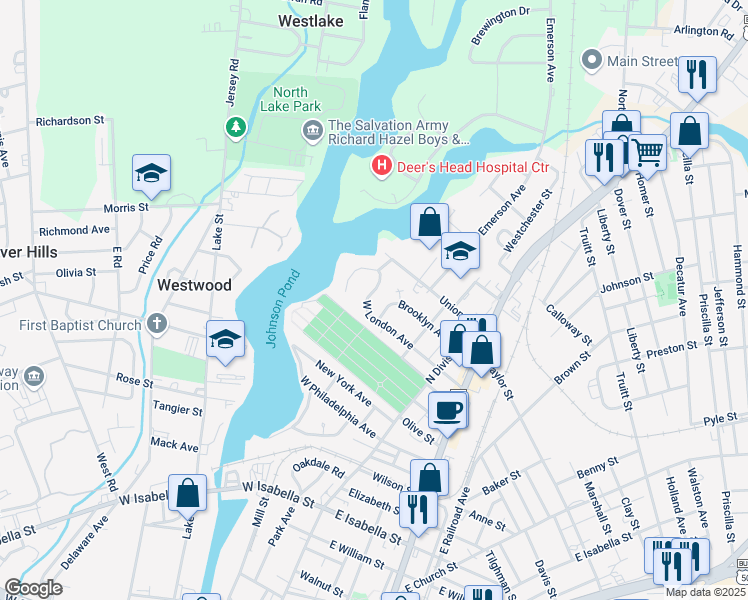 map of restaurants, bars, coffee shops, grocery stores, and more near 309 West London Avenue in Salisbury