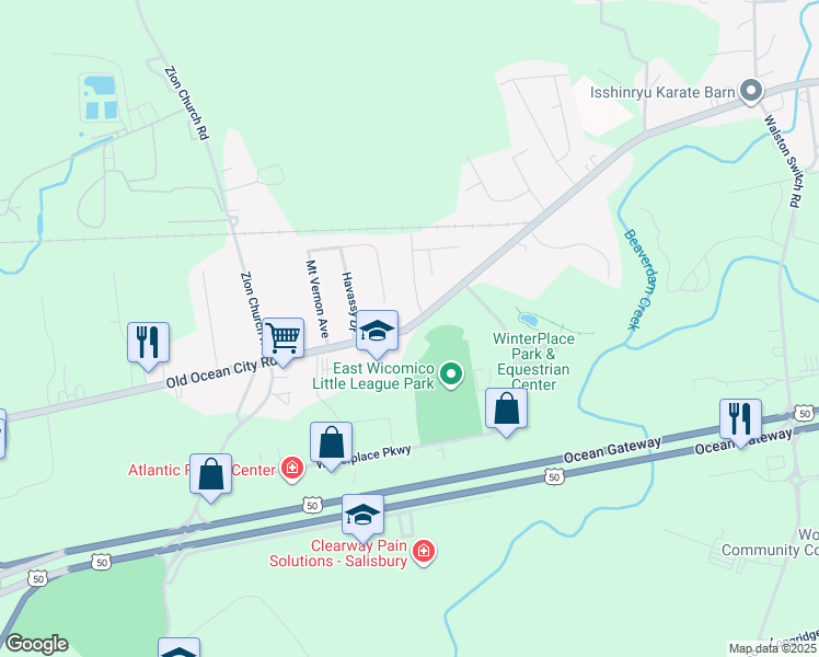 map of restaurants, bars, coffee shops, grocery stores, and more near 31481 Ocean City Road in Salisbury