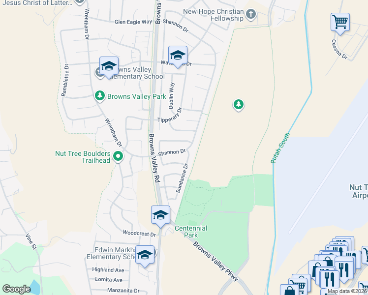 map of restaurants, bars, coffee shops, grocery stores, and more near 392 Shannon Drive in Vacaville