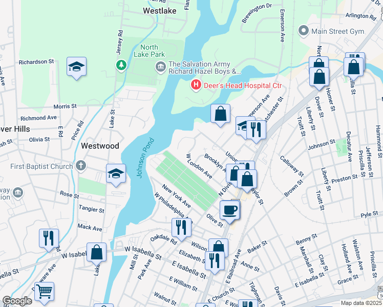 map of restaurants, bars, coffee shops, grocery stores, and more near 309 West London Avenue in Salisbury