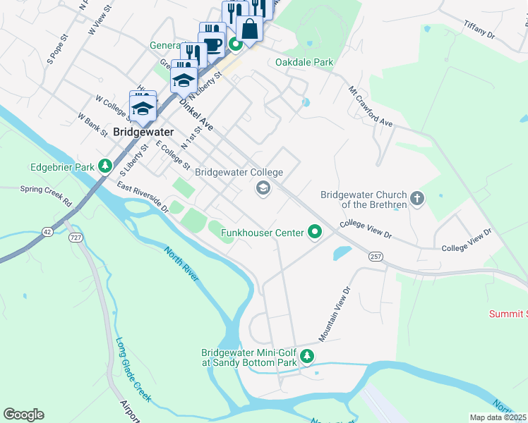 map of restaurants, bars, coffee shops, grocery stores, and more near 402 East College Street in Bridgewater