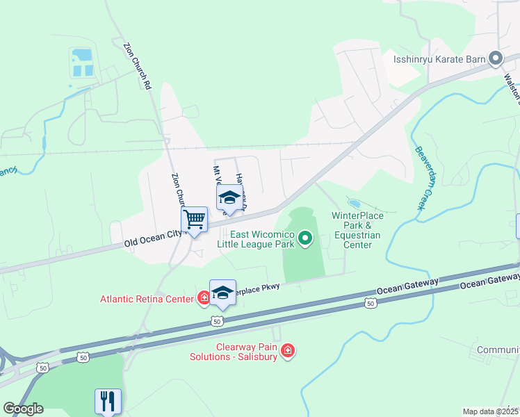 map of restaurants, bars, coffee shops, grocery stores, and more near 6807 Havassy Drive in Salisbury