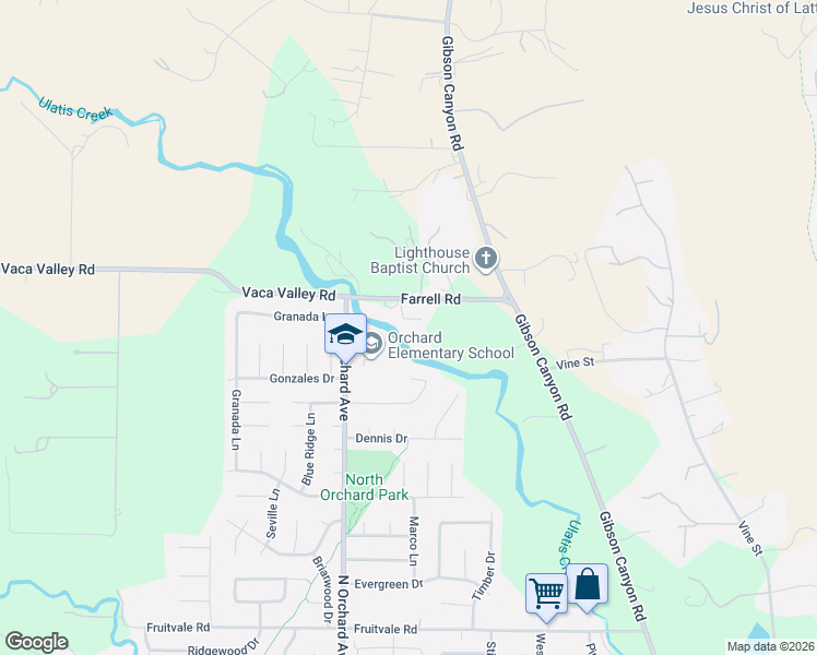 map of restaurants, bars, coffee shops, grocery stores, and more near 3345 Farrell Road in Vacaville