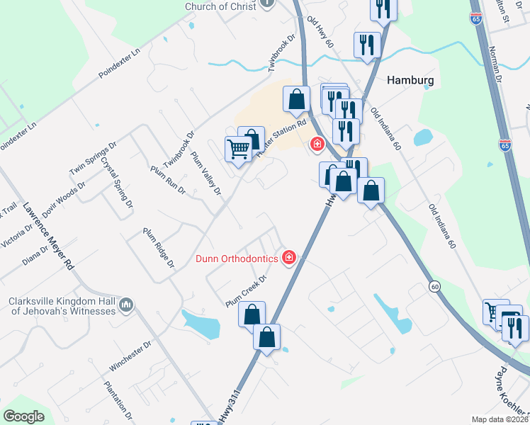 map of restaurants, bars, coffee shops, grocery stores, and more near Plum Creek Dr in Sellersburg
