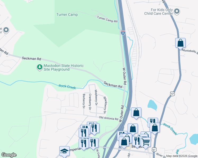 map of restaurants, bars, coffee shops, grocery stores, and more near Seckman Road in Imperial