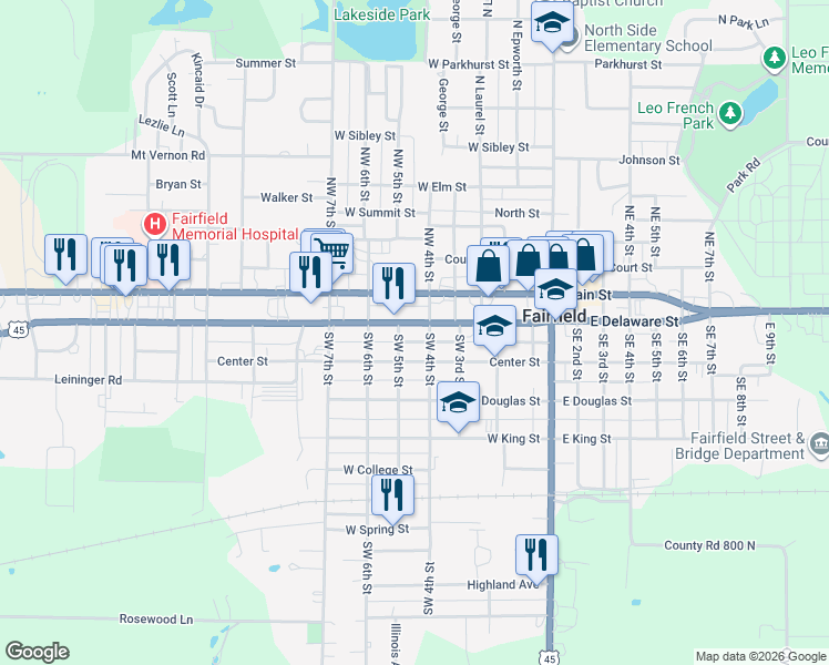 map of restaurants, bars, coffee shops, grocery stores, and more near 401-499 West Delaware Street in Fairfield