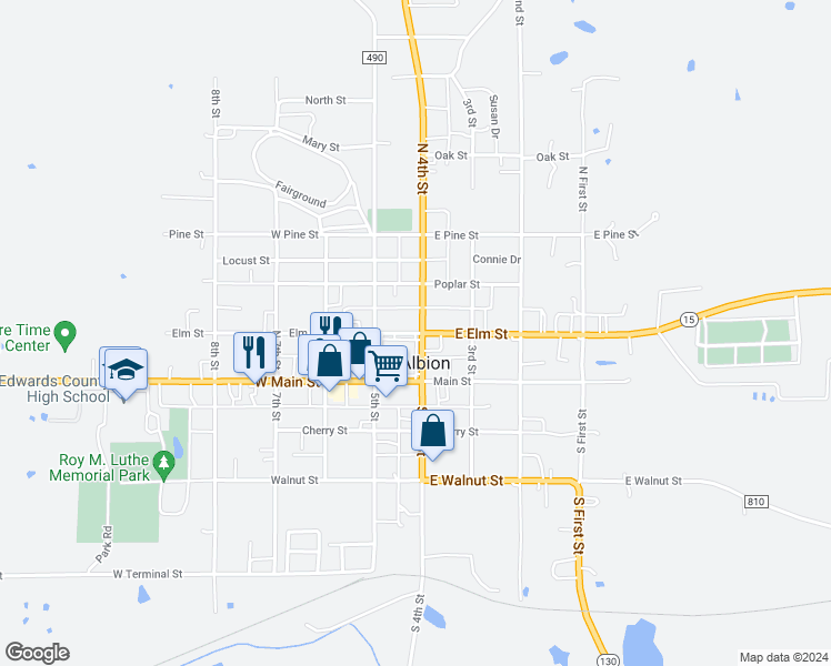 map of restaurants, bars, coffee shops, grocery stores, and more near 30 East Elm Street in Albion