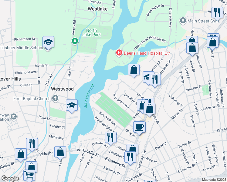 map of restaurants, bars, coffee shops, grocery stores, and more near 1010 Monitor Court in Salisbury