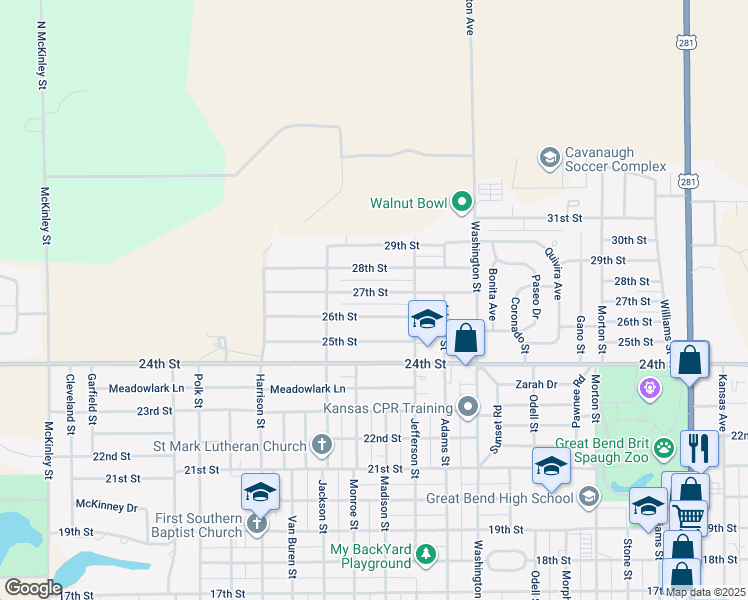 map of restaurants, bars, coffee shops, grocery stores, and more near 2932 27th Street in Great Bend