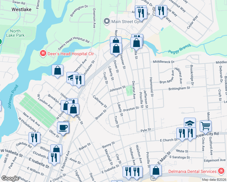 map of restaurants, bars, coffee shops, grocery stores, and more near 611 Truitt Street in Salisbury