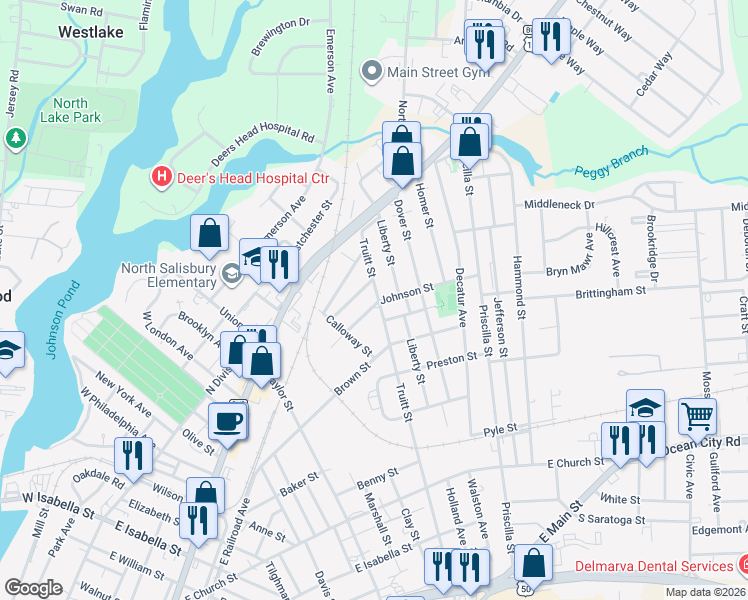 map of restaurants, bars, coffee shops, grocery stores, and more near 611 Truitt Street in Salisbury