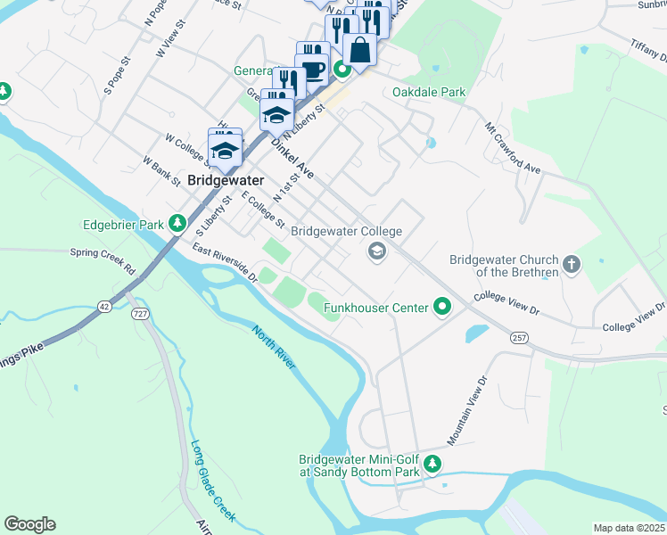 map of restaurants, bars, coffee shops, grocery stores, and more near 402 East College Street in Bridgewater