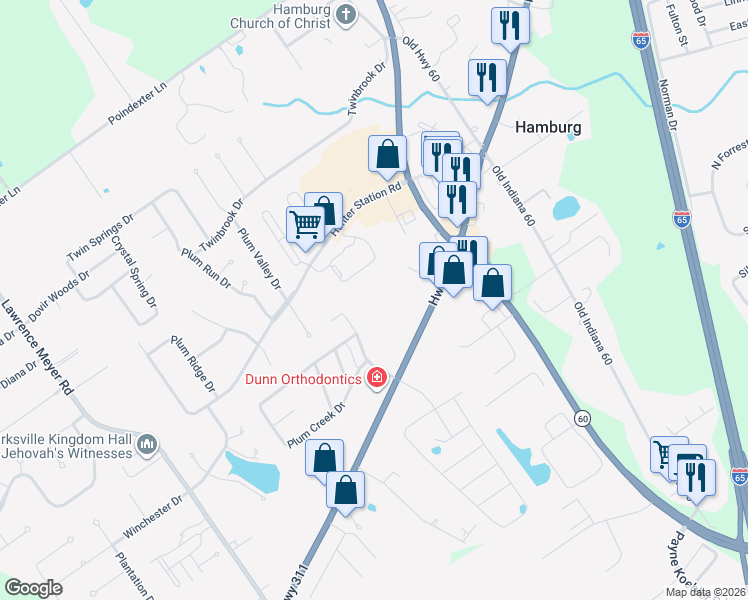 map of restaurants, bars, coffee shops, grocery stores, and more near Plum Creek Dr in Sellersburg