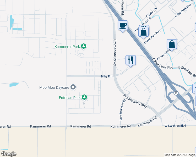 map of restaurants, bars, coffee shops, grocery stores, and more near 10445 Oboe Way in Elk Grove