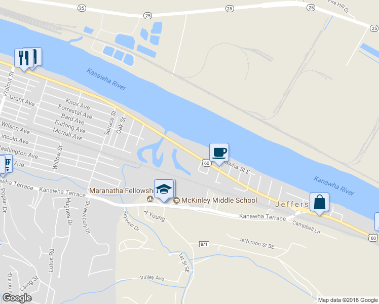 map of restaurants, bars, coffee shops, grocery stores, and more near 6375 Maccorkle Avenue in Saint Albans
