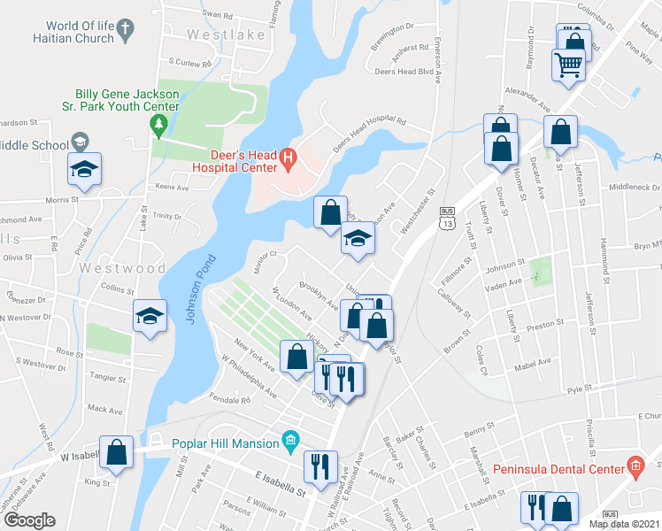 map of restaurants, bars, coffee shops, grocery stores, and more near 1200 Emerson Avenue in Salisbury