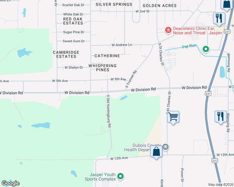 map of restaurants, bars, coffee shops, grocery stores, and more near 1478 West Division Road in Jasper