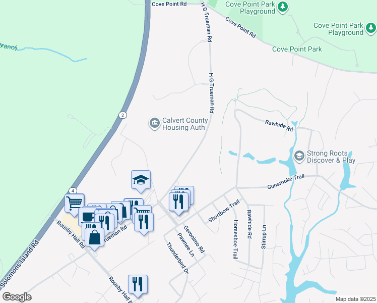 map of restaurants, bars, coffee shops, grocery stores, and more near 11489 H G Trueman Road in Lusby