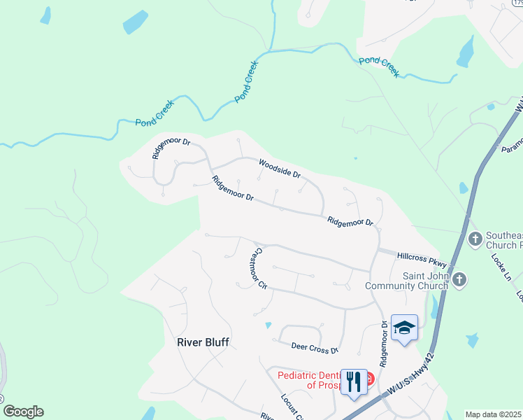 map of restaurants, bars, coffee shops, grocery stores, and more near 12904 Ridgemoor Drive in Prospect