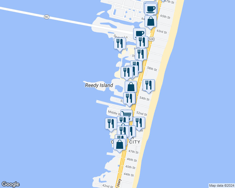 map of restaurants, bars, coffee shops, grocery stores, and more near 5311 54th Street in Ocean City
