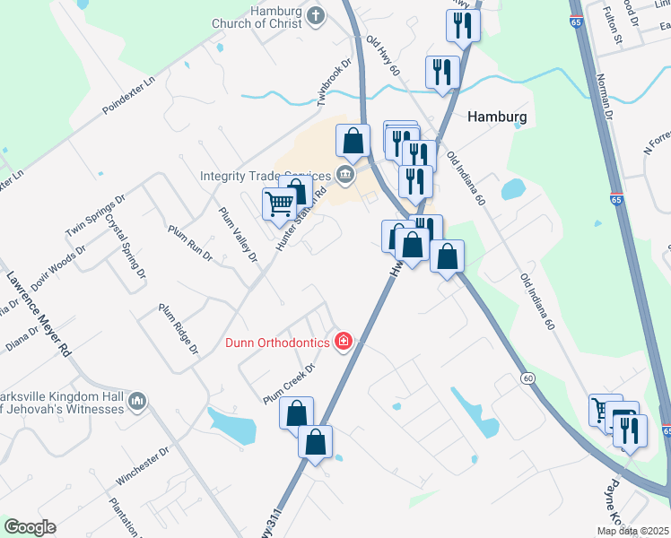 map of restaurants, bars, coffee shops, grocery stores, and more near Plum Creek Dr in Sellersburg