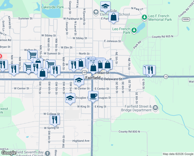map of restaurants, bars, coffee shops, grocery stores, and more near 115 SE 2nd St in Fairfield