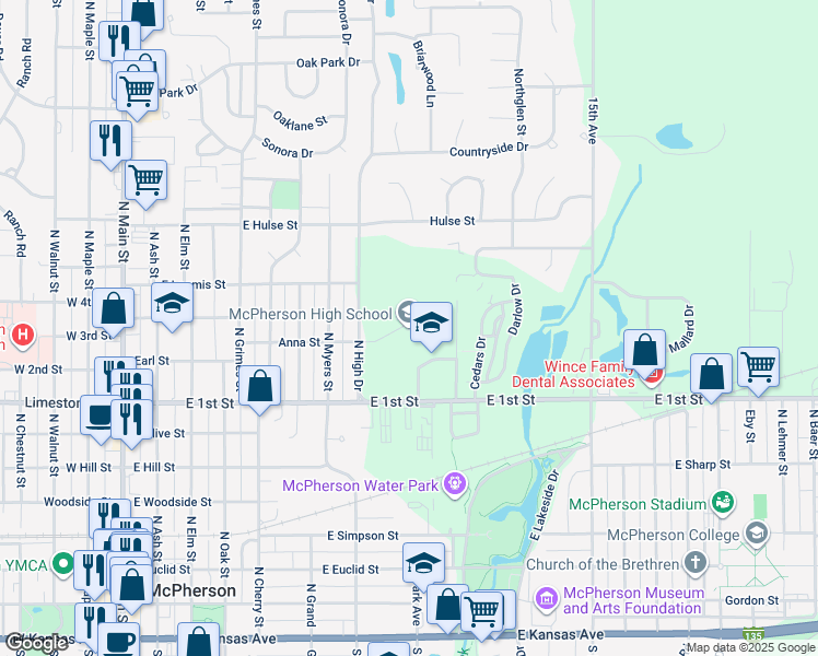 map of restaurants, bars, coffee shops, grocery stores, and more near 801 East 1st Street in McPherson