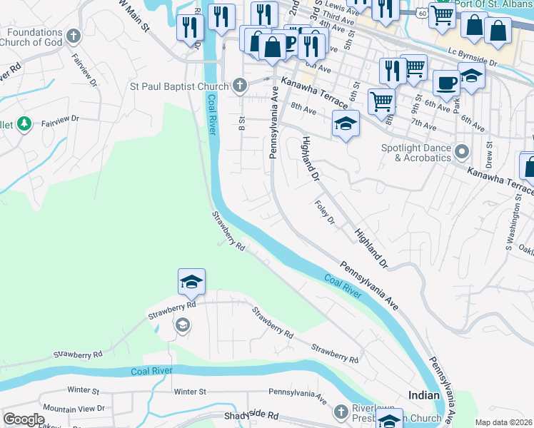 map of restaurants, bars, coffee shops, grocery stores, and more near 64 Pauley Lane in Saint Albans