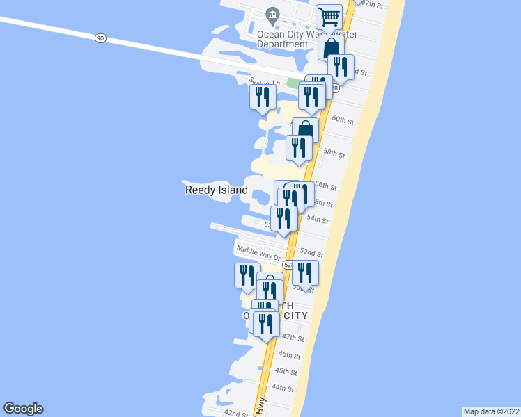 map of restaurants, bars, coffee shops, grocery stores, and more near 5311 54th Street in Ocean City