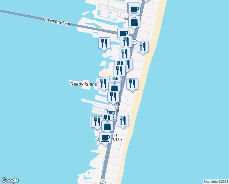 map of restaurants, bars, coffee shops, grocery stores, and more near 5401 Coastal Highway in Ocean City