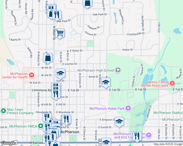 map of restaurants, bars, coffee shops, grocery stores, and more near 915 N Barber St in McPherson