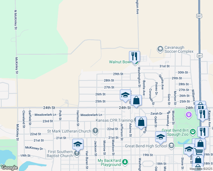 map of restaurants, bars, coffee shops, grocery stores, and more near 2932 27th Street in Great Bend