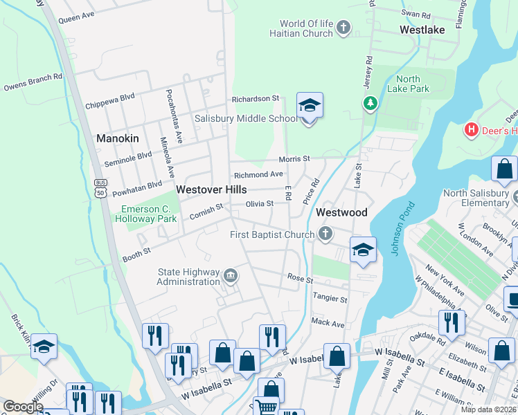 map of restaurants, bars, coffee shops, grocery stores, and more near 714 Olivia Street in Salisbury
