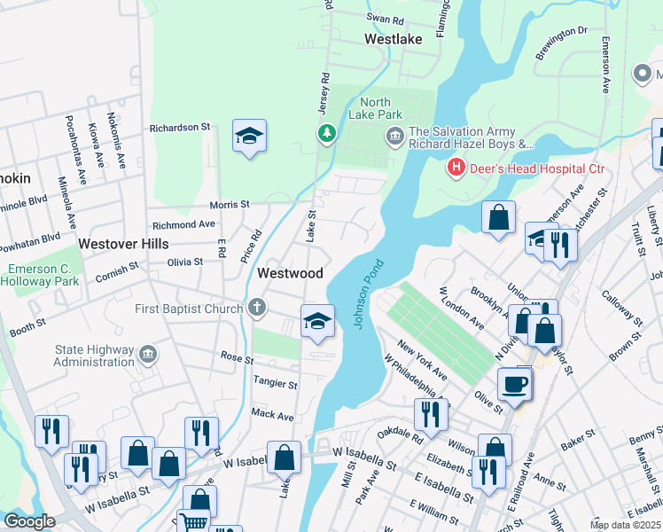 map of restaurants, bars, coffee shops, grocery stores, and more near 1001 Lake Street in Salisbury